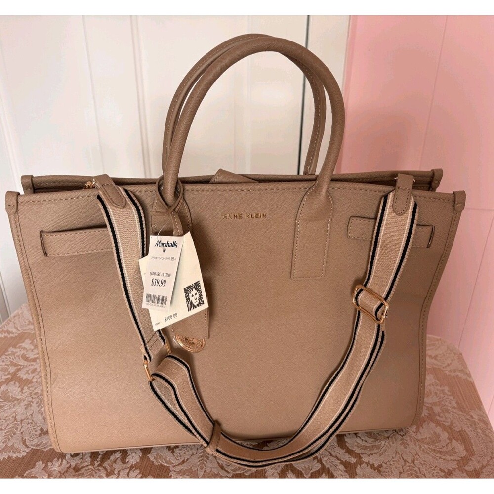 Anne Klein Tan Faux Leather Shoulder Tote Bag Gold Hardware for Women NWT